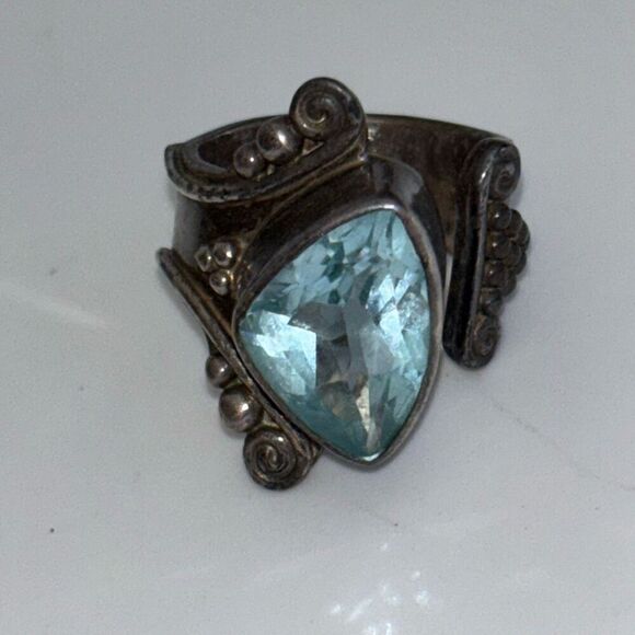 VIntage sajen silver wrap ring blue topaz semi precious stone Sz 8 - Picture 5 of 11